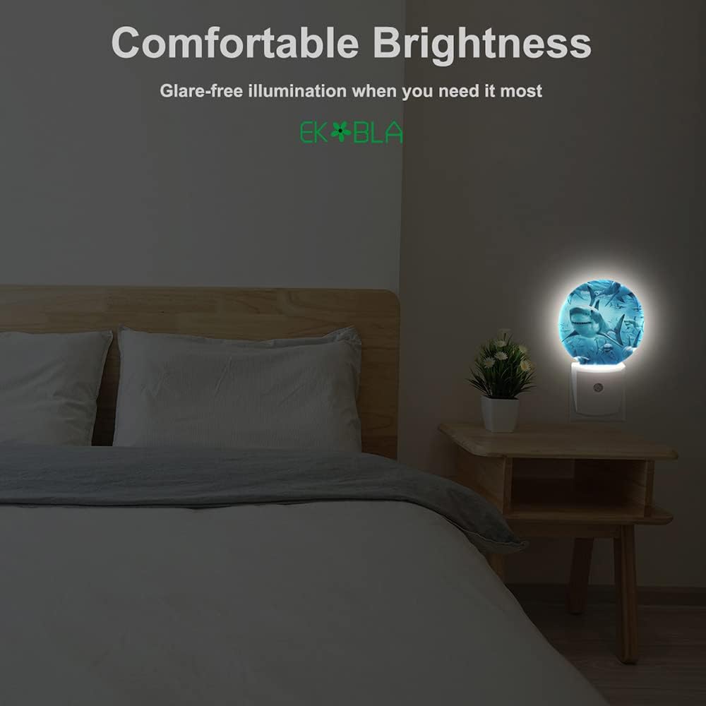EKOBLA Shark Plug-in Nightlights Undersea Fishes Aquatic Creatures Ocean Sea Plug-in Nightlights Nautical Coastal Blue Decorative Night Light with Dusk-to-Dawn Sensor 0.5W Sleep Friendly