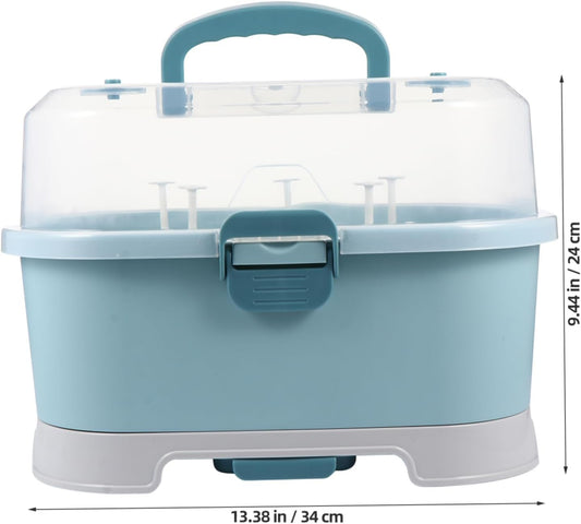 NUOBESTY Baby Bottle Drying Rack with Cover Portable Nursing Bottle Storage Box Baby Bottle Holder Dinnerware Organizer for Home Kitchen Blue