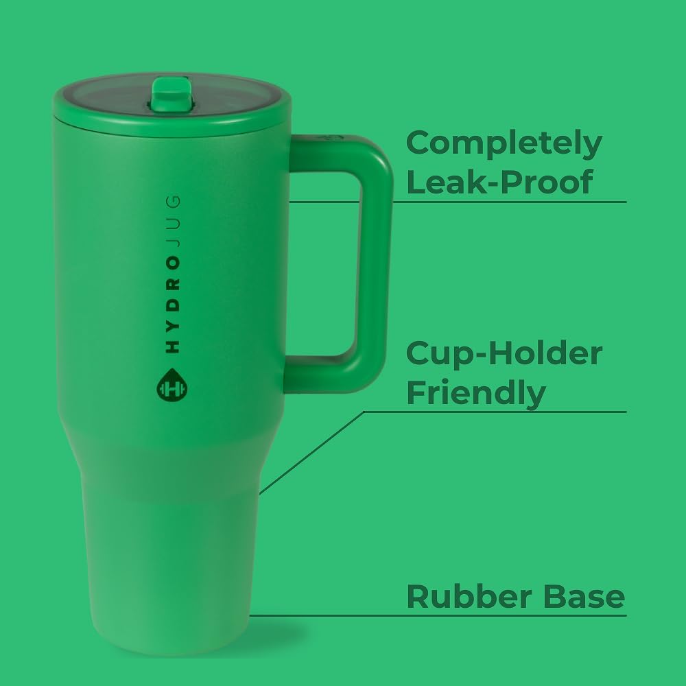 HydroJug Traveler - 40 oz Water Bottle with Handle & Flip Straw - Fits in Cup Holder, Leak Resistant Tumbler-Reusable Insulated Stainless Steel & Rubber Base - Gifts for Women & Men, Clover