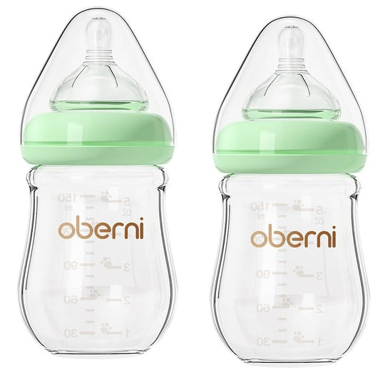 Glass Baby Bottles,Anti Colic Breastfeeding Bottle with Natural Response Nipple Size S,Wide Neck Slow Flow Baby Bottle for Baby,Newborn,Preemie 0-3 0-6 Month,BPA Free (Green, 2 Pack, 5 Ounce)
