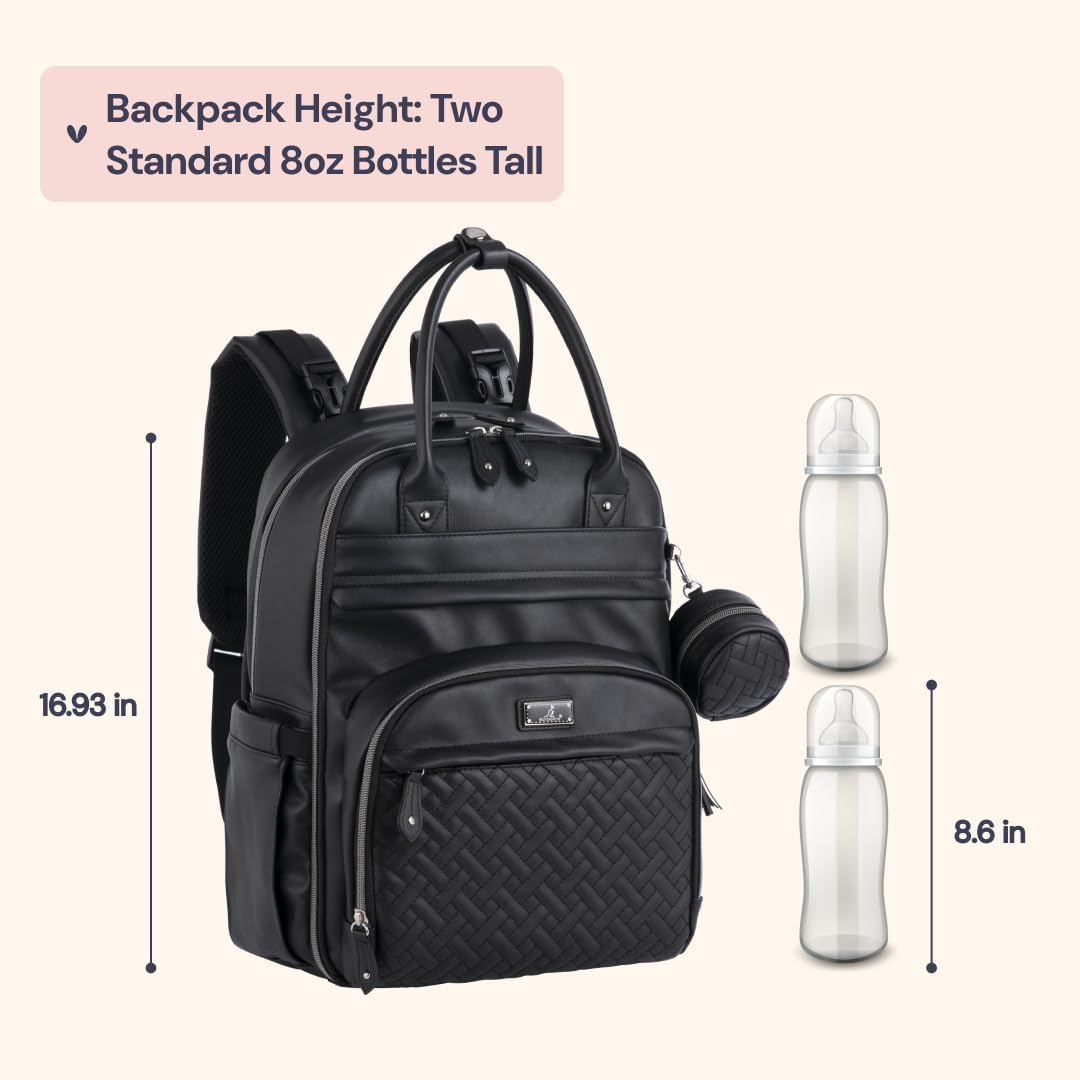 BabbleRoo Leather Diaper Bag Backpack - Baby Essentials Travel Baby Bag, Multi function, with Changing Pad, Stroller Straps & Pacifier Case – Unisex, Black