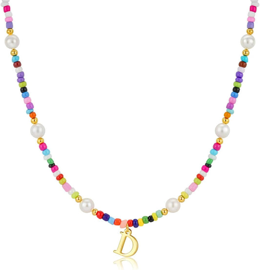 M MOOHAM Colorful Initial Necklaces for Girls Women Kids - Christmas Stocking Stuffers Beaded Pearl Choker Necklace for Women Teen Girl Gifts Trendy Personalized Letter Birthday Gifts Kids Jewelry