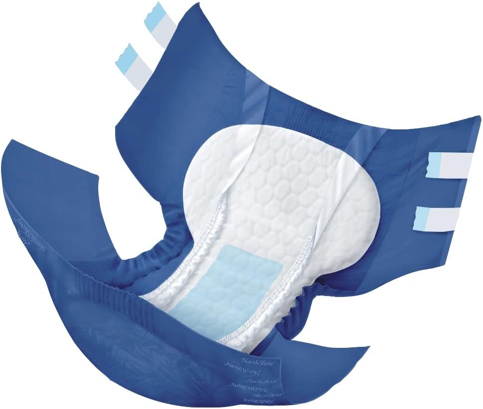NorthShore MegaMax Adult Overnight Diapers, 12-Hour Tab-Style, Medium, 4 Count Starter Pack, Blue, 32-44 inches, Unisex Incontinence Underwear
