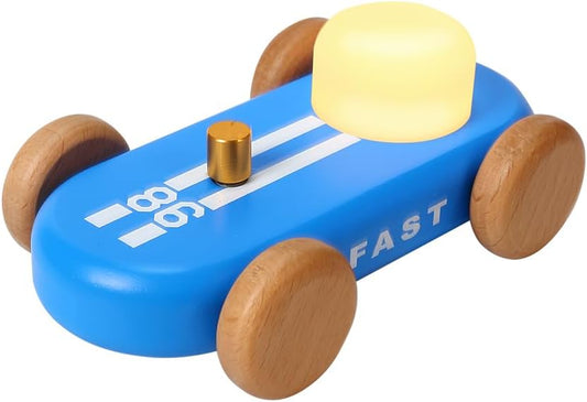 Wooden Go-Kart Night Light for Kids, 7 Color Adjustable, USB Rechargeable (Blue)