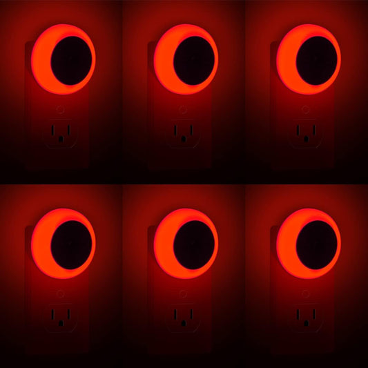 KINUR 6 Pack Red LED Plug into Wall with Dusk to Dawn sensors Plug in Night Lights for Kids Room, Bedroom, Bathroom, Baby Nursery,Stair Lights, Hallway Light