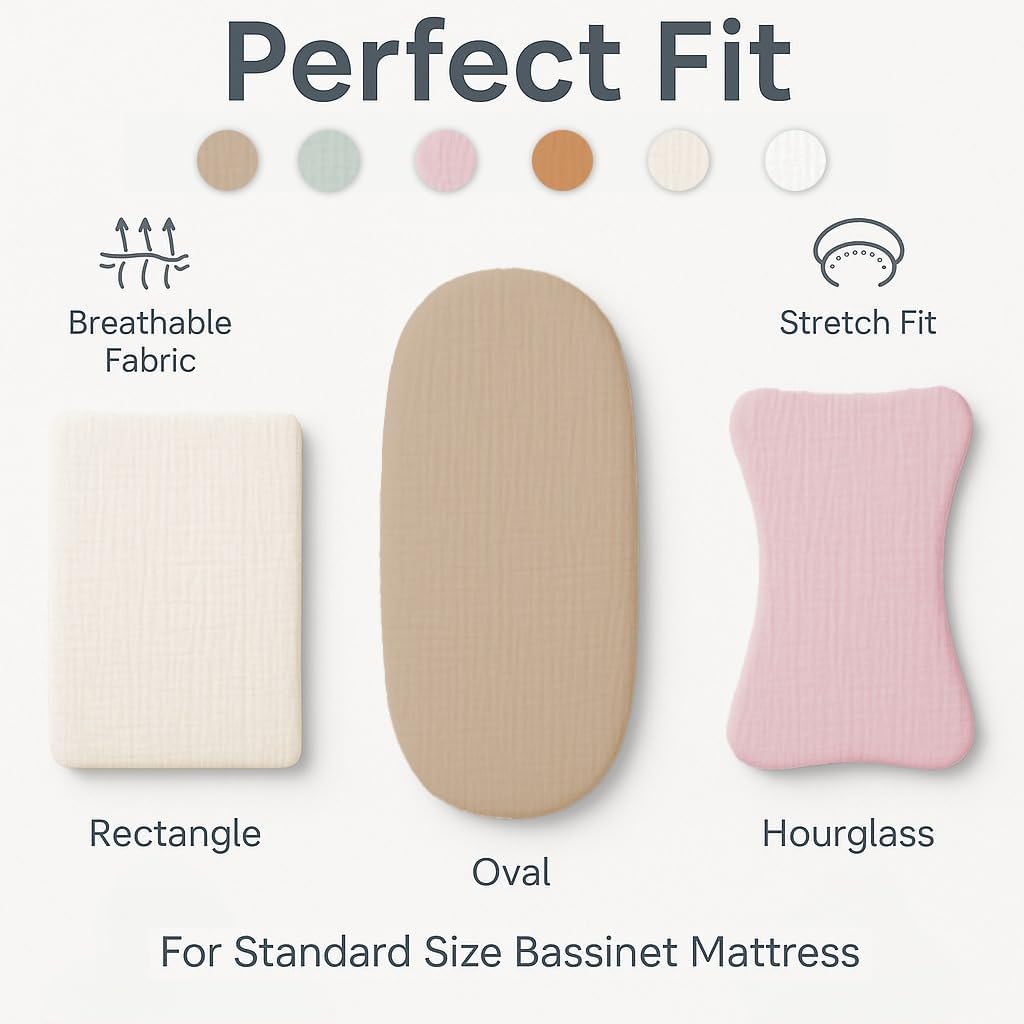 Muslin Bassinet Sheets Set of 2 Pink & Green Bassinet Cover Large Size 33x17 Inches, Soft Breathable Bassinet Mattress Cover, Stay Secure Fit, Gentle on Sensitive Skin, Cute & Vibrant Look