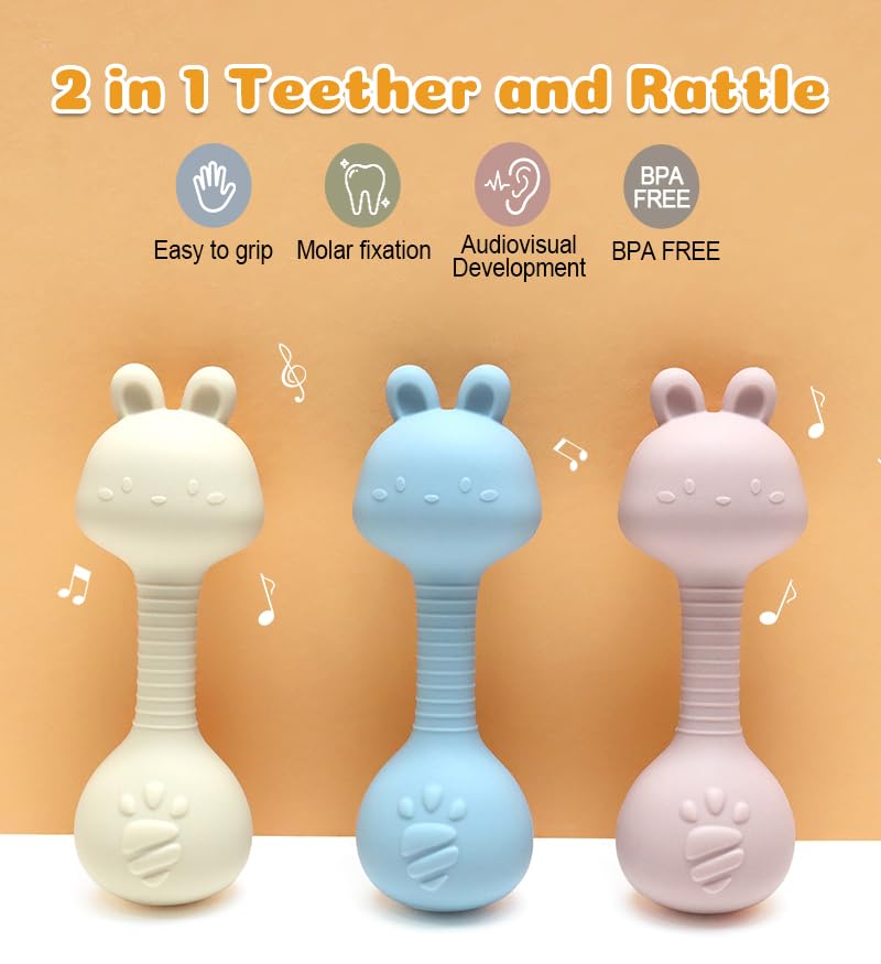Silicone Rattle Teether for Babies – Soft BPA-Free Teething Toy & Sensory Rattle – 100% Food Grade Silicone, CPC Certified – Soothing Relief for Infants & Toddlers (Rabbit - Beige)