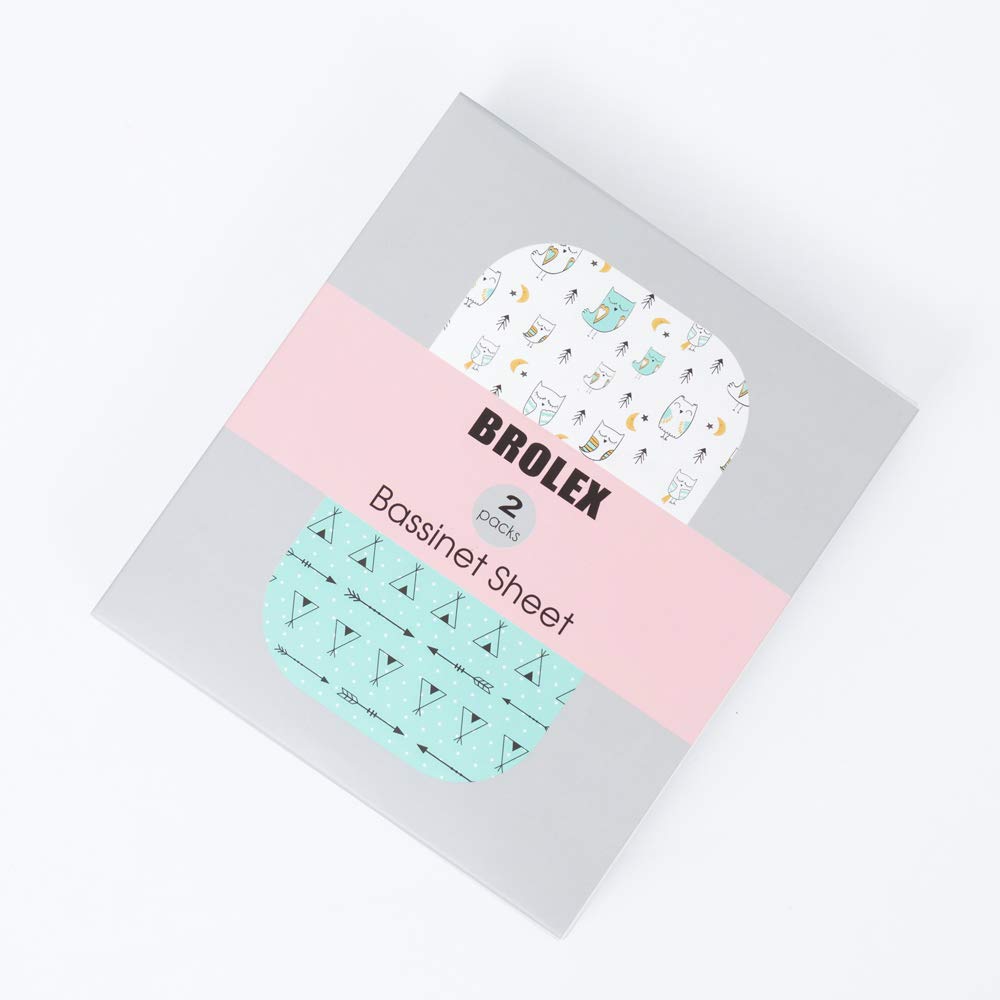 Stretchy Bassinet Sheet Set BROLEX 2 Pack Snug Fitted Cradle Fitted Sheets for Bassinet Pads/Mattress, for Boys Girls,Unisex,Ultra Soft Breathable,Arrow Owl
