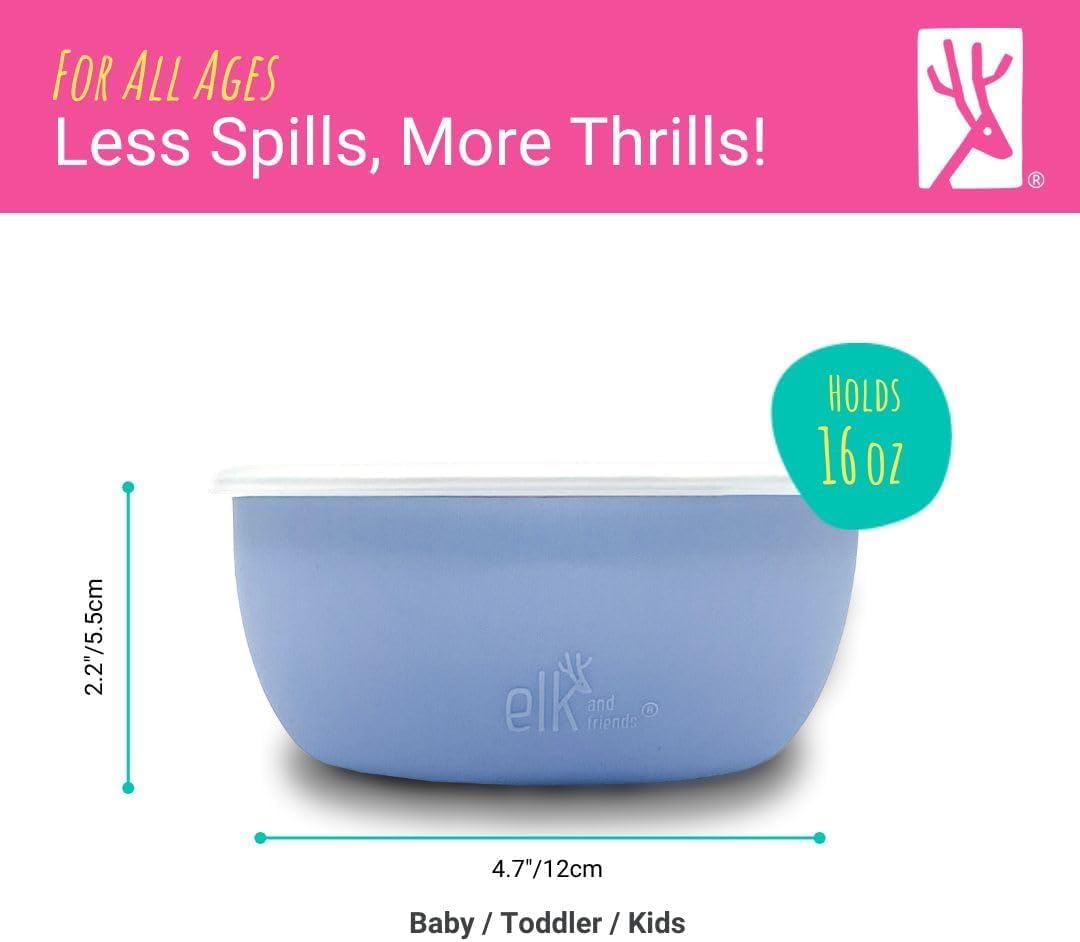 Elk and Friends Stainless Steel Bowls + Silicone Sleeve and Storage Lid | Baby, Toddler, Kids | Cereal & Snack Bowls | Storage Containers | Dishwasher Safe | 4 Pack