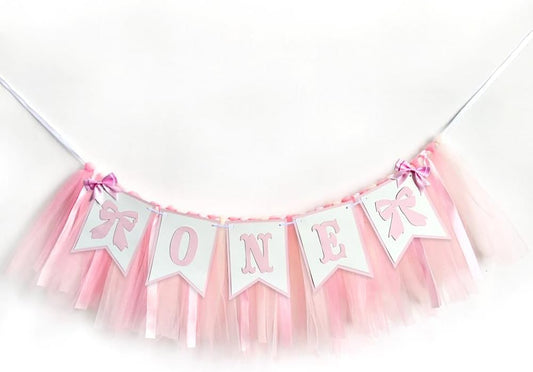 Pink Bowknot One Birthday Highchair Banner - Girl 1st Birthday High Chair Banner, Party Decoration Photo Props, Cake Smash