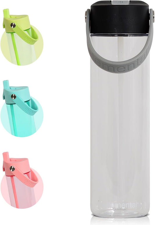 Elemental Splash Water Bottle with Straw - BPA-Free Tritan Plastic Reusable Water Bottle with Strap - Ideal for Travel, Gym and Sports - Leak Proof when Spout is Closed - 26oz - Midnight Clear