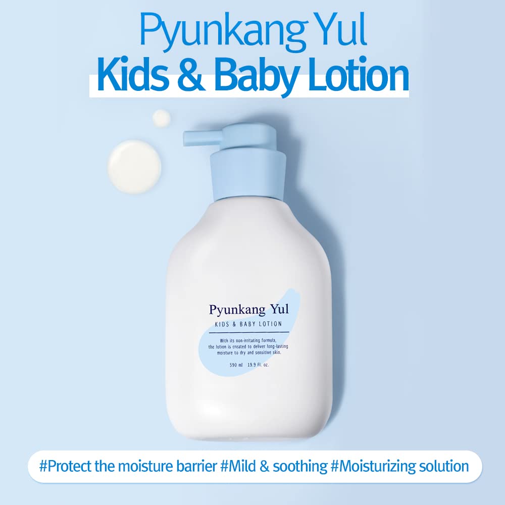 Pyunkang Yul PKY Kids & Baby Lotion Moisturizer with Ceramide, Hyaluronic Acid, Lecithin, Cica, Calming, Hydrating, Soothing, Moisturizing Cream for All Skin Types, Fragrance Free, 19.9 Fl.Oz. 590ml.