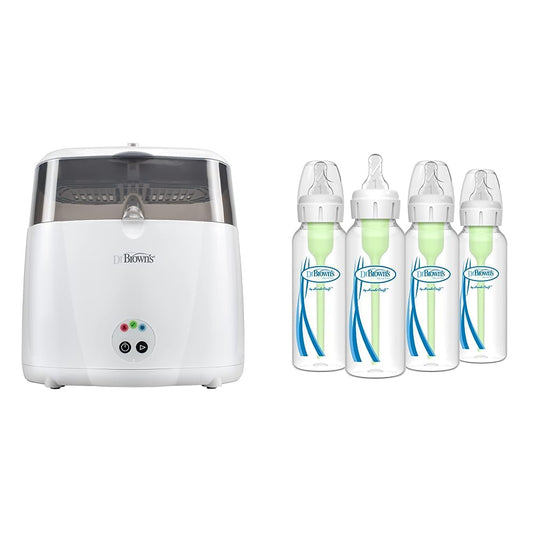 Dr. Brown’s Deluxe Electric Sterilizer for Baby Bottles and Other Baby Essentials & Natural Flow® Anti-Colic Options+™ Narrow Baby Bottles 8 oz/250 mL, with Level 1 Slow Flow Nipple, 4 Pack, 0m+