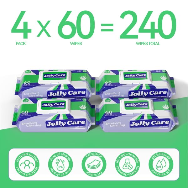 Wet Wipes for Adults, Adult Wipes for Hands and Body, Unscented Hand Wipes, Fragrance-free, Alcohol-free, 99% EDI Pure Water and Aloe, 4 Flip-Top Packs (240 Wipes Total)