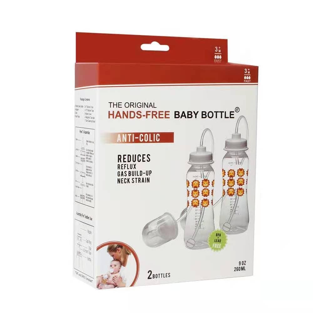 Hands-Free Baby Bottle - Anti-Colic Nursing System 9 oz Baby Bottle with Fast Flow Nipple/Teat 3m+ Infant with Tube Straw Feeding System for Toddler (2 Bottles - Lion)