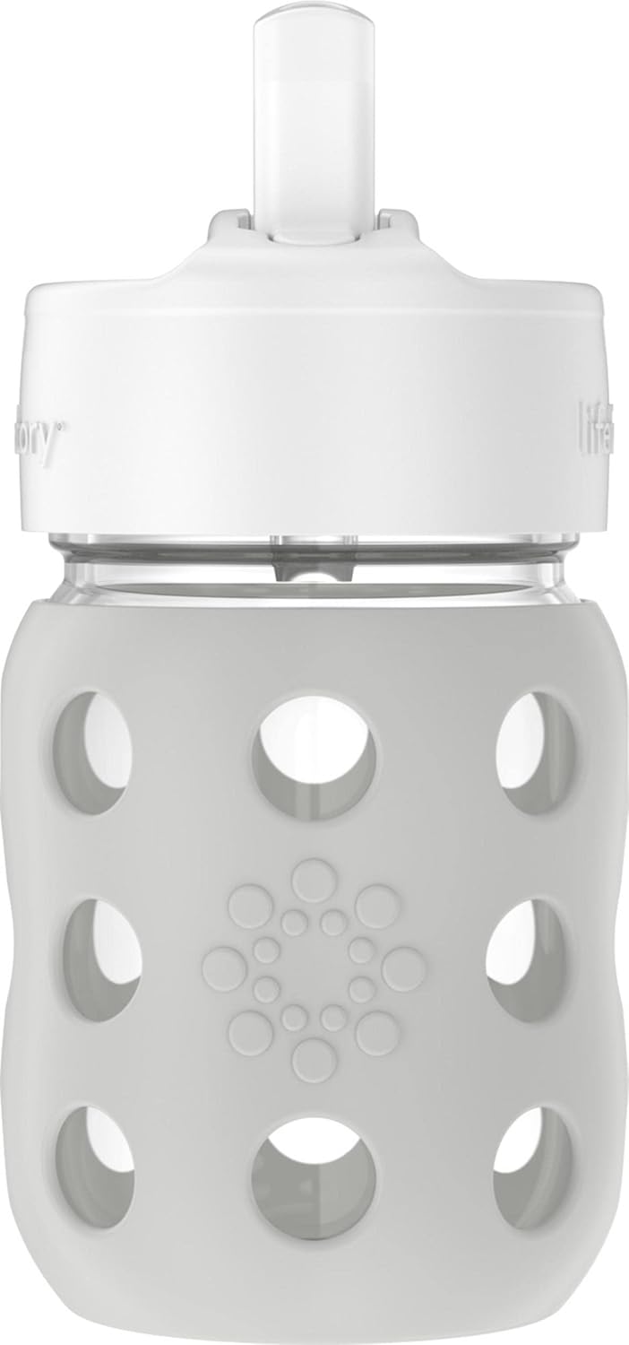 Lifefactory 8-Ounce Wide Neck Glass Baby Bottle with Protective Silicone Sleeve and Pivot Straw Cap, Stone Gray (LG2241WCG4)