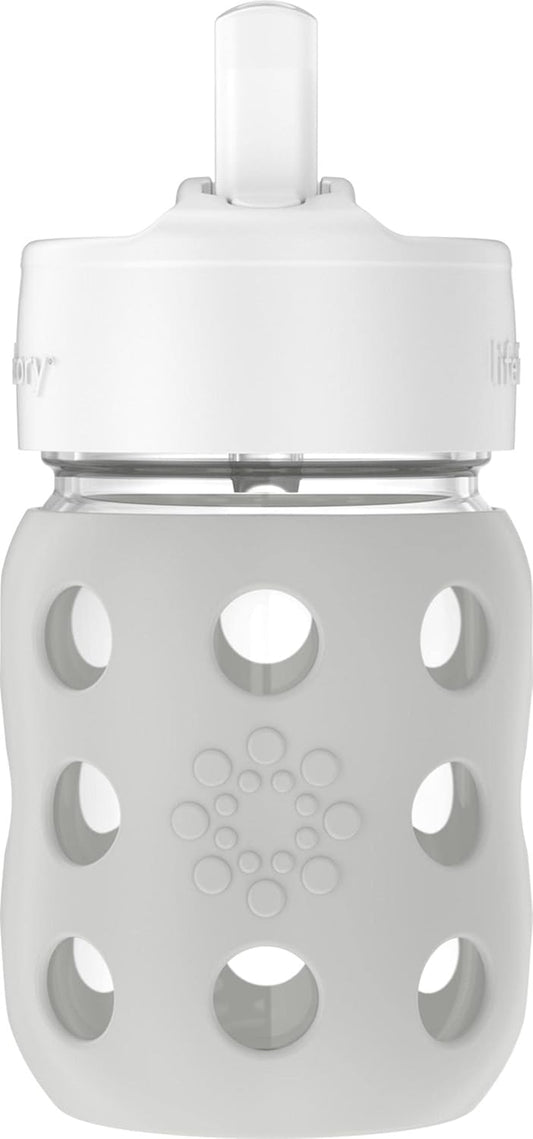 Lifefactory 8-Ounce Wide Neck Glass Baby Bottle with Protective Silicone Sleeve and Pivot Straw Cap, Stone Gray (LG2241WCG4)