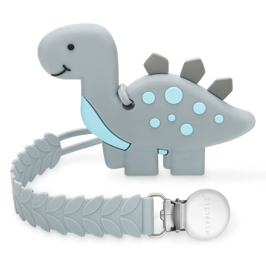 Teething Toys for Babies, Baby Teethers with Clip Silicone Baby Teether Toys for Boys and Girls Infant Teething Relief for Teething Dinosaur Shape, Gray