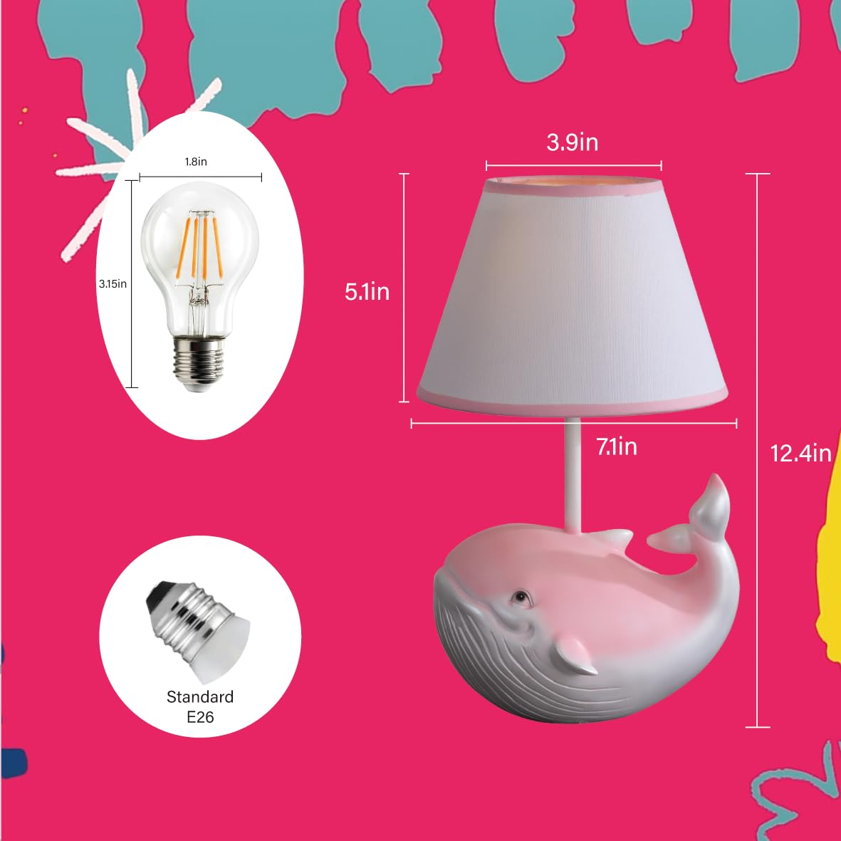 Whale Lamp,Kids Lamp, Night Lights,lamp with Fabric Lampshade, Compatible with E26 Bulb, USB Interface, Perfect for Girls' Room, Ideal Gift Choice