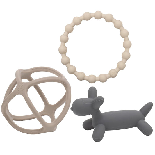 WeeSprout Silicone Baby Teether Toys for Infant Babies and Toddlers, Cute Ring, Puppy Dog, and Ball, Soft and Flexible, BPA Free, Boys and Girls (Matte Dark Gray, Tan & Off White)