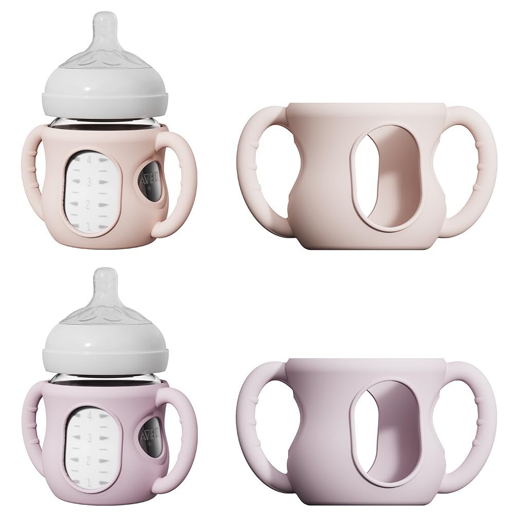 2 Pack Silicone Sleeves for Avent Natural Glass Bottles, Anti Breakage Bottle Holder with Handle, Compatible Philips Avent Glass Natural Bottle 4 oz