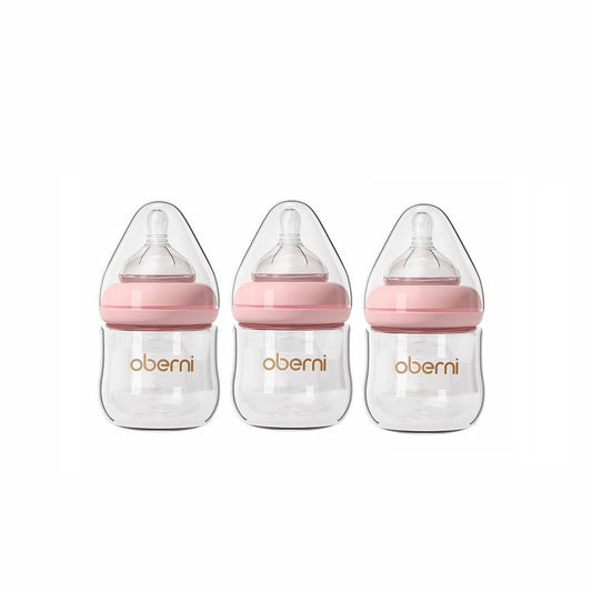 Glass Baby Bottles,Anti Colic Breastfeeding Bottle with Natural Response Nipple Size S,Wide Neck Slow Flow Baby Bottle for Baby,Newborn,Preemie 0-3 0-6 Month,BPA Free (Pink, 4 Ounce，3 Pack)