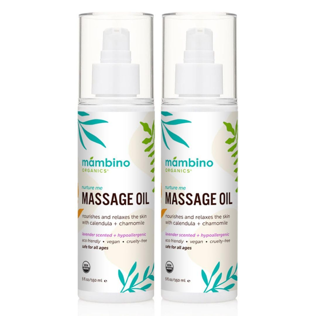 Mambino Organics Massage Baby Oil – Organic, Nourishing with Egyptian Calendula, Chamomile & Lavender – Gentle for After-Bath Relaxing – Cruelty-Free Baby Oils for Baby & Kids, 2-Pack 5 fl oz