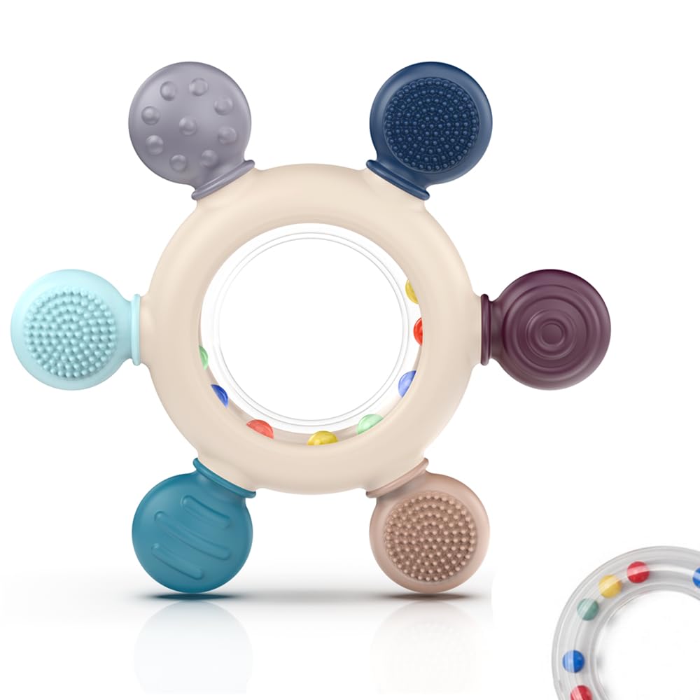 akolik Teething Toys for Babies, Baby Teethers Toy Teething Ring Silicone, Grasping Teething Toy, BPA Free Teething Newborn Accessories for Baby 0 3 6 9 12 18 Months (Ringer Grey)