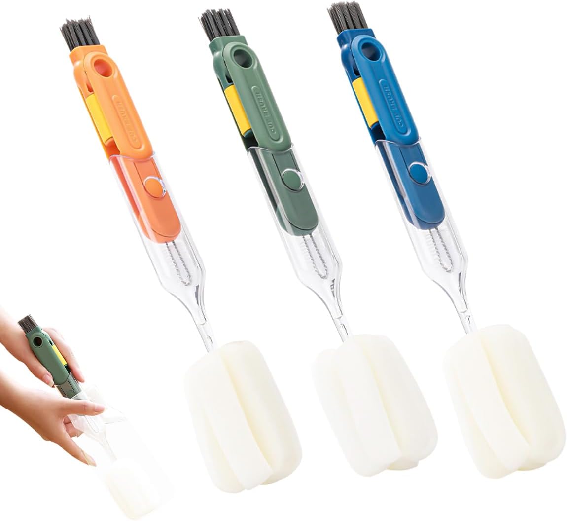 3 PCS 5 in 1 Soft Bottle Brush, Bottle Cleaning Brush Set with Sponge, Cup Lib Clear Brush Bottle Gap Brush Portable Crevice Cleaning Brush Set