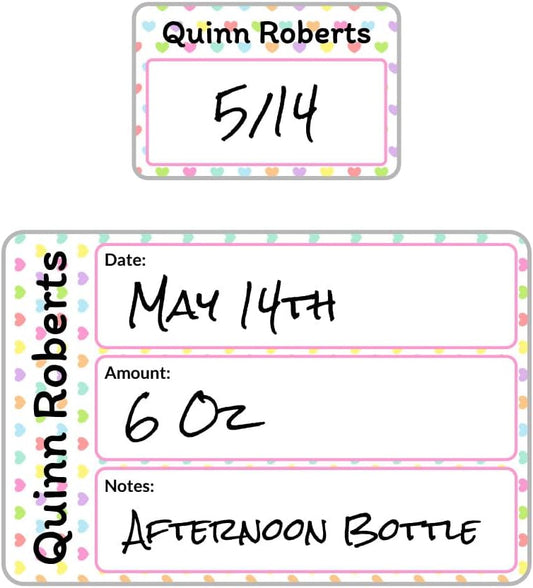 Name Bubbles - Reusable Baby Bottle Labels for Daycare (20 Labels) - Kids Washable Name Tags for Bottles, Sippy Cups, & Snack Containers, Waterproof, Baby Name Stickers, Write-On (Hearts)
