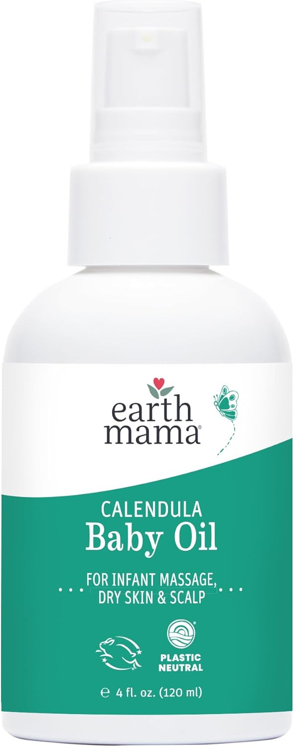Earth Mama Calendula Baby Oil | Massage Oil for Newborn Skin Care, Dry Skin & Scalp Moisturizer, Fragrance Free, 4-Fluid Ounce