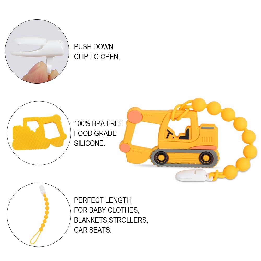 Baby Construction Vehicles Teething Toys,Food Grade Silicone Teether with One-Piece Pacifier Clip Holder,Best Shower Gift for 3 Months+ Boy and Girl,BPA Free,Freezer Safe. (Excavator)
