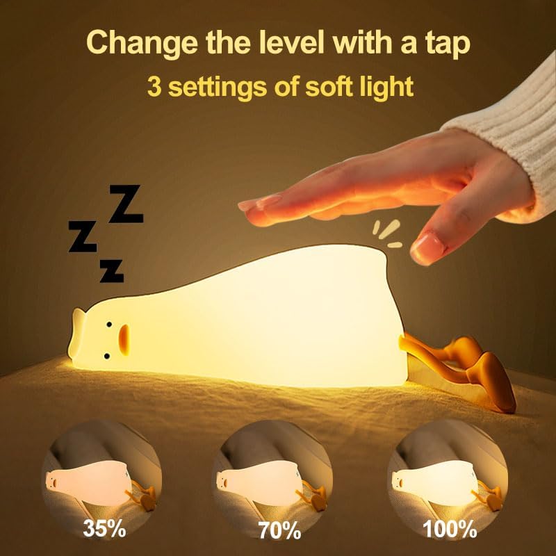 Kibbidea Cute Duck Night Light, Lazy Duck Squishy Lamp Touch Control, Non-Toxic Silicone, Funny Bedside Animal Nightlight with Timer & Rechargeable for Kids Room Desk Decor, Gifts for Girl,Boy,Women