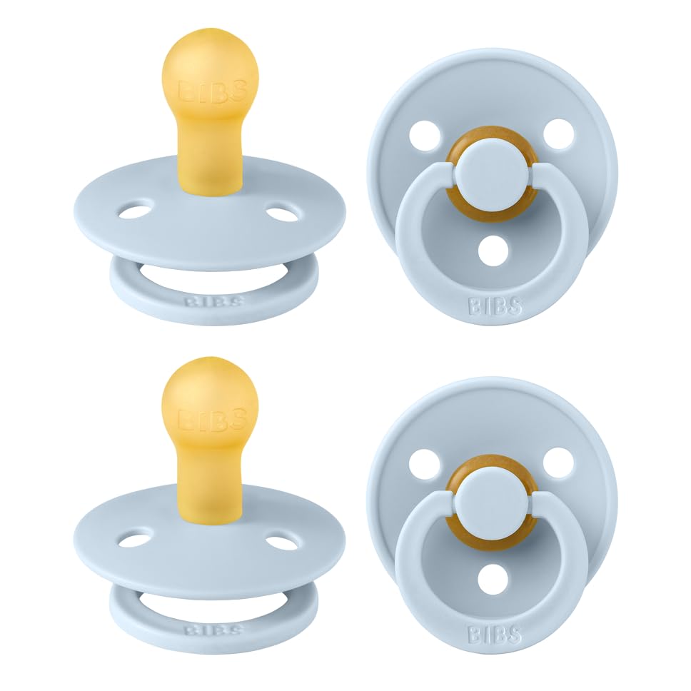 BIBS Pacifiers - Colour 4-Pack | BPA Free Baby Pacifier | Round Nipple Binkies | Natural Rubber Latex Soother | Made in Denmark | Size 1 (0-6 Months) | Baby Blue