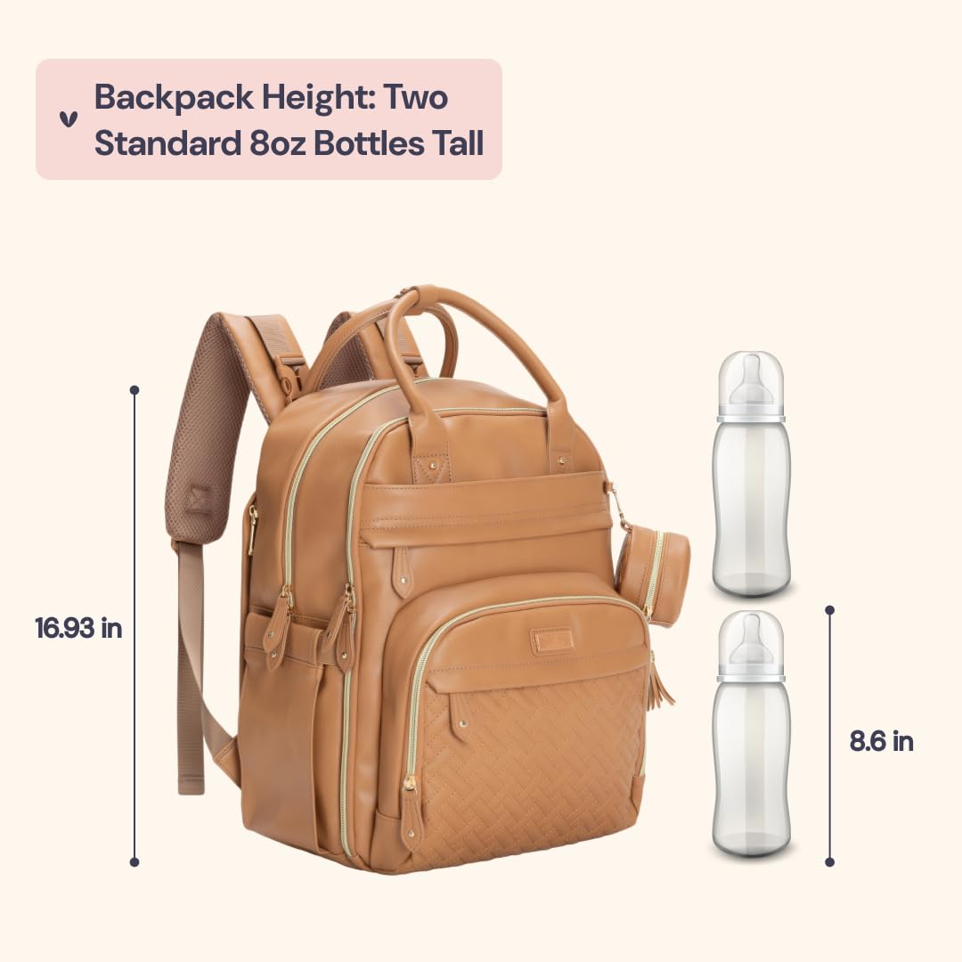 BabbleRoo Leather Diaper Bag Backpack - Baby Essentials Travel Baby Bag, Multi function, Water Resistant, with Changing Pad, Stroller Straps & Pacifier Case – Unisex, Light Brown