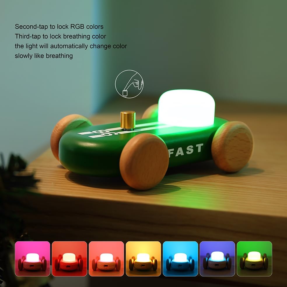 Wooden Go-Kart Night Light for Kids, 7 Color Adjustable, USB Rechargeable (Green)