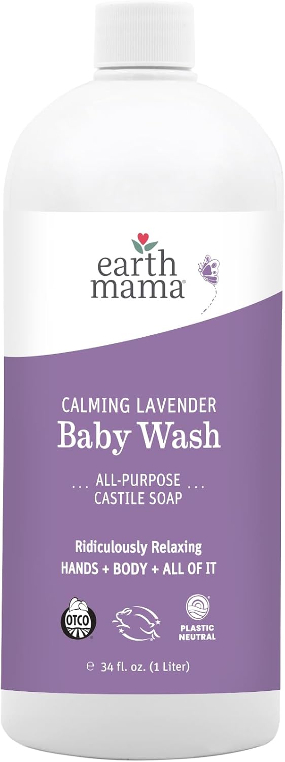 Earth Mama Calming Lavender Baby Wash Liquid Hand Soap Refill, Organic Body Wash for Sensitive Skin, All Purpose Castile Soap Liquid with Coconut Oil, Shea Butter, Calendula & Aloe, 34 fl oz