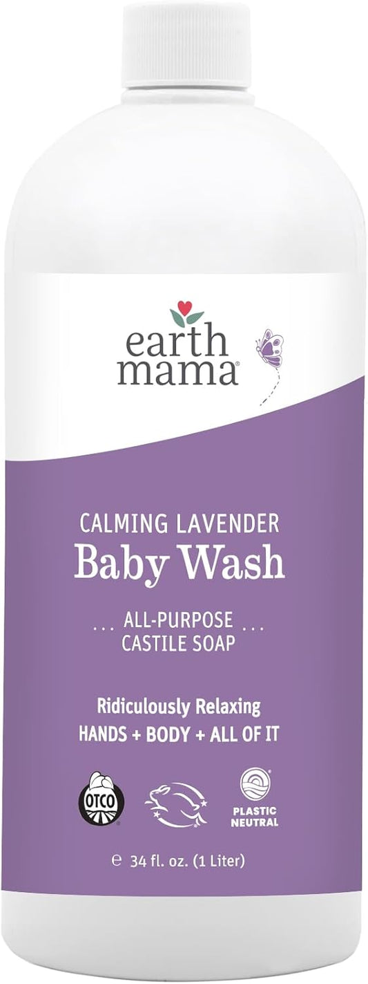 Earth Mama Calming Lavender Baby Wash Liquid Hand Soap Refill, Organic Body Wash for Sensitive Skin, All Purpose Castile Soap Liquid with Coconut Oil, Shea Butter, Calendula & Aloe, 34 fl oz