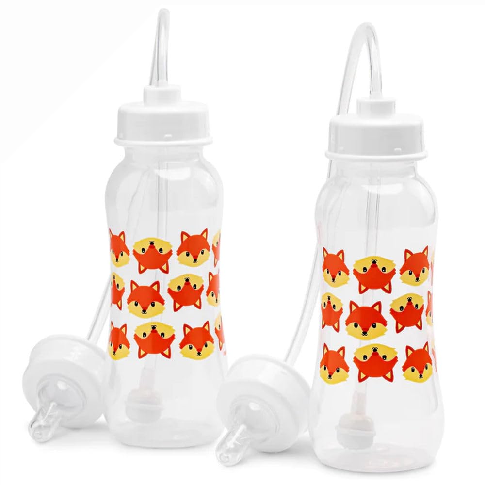 Hands-Free Baby Bottle - Anti-Colic Nursing System 9 oz Baby Bottle with Fast Flow Nipple/Teat 3m+ Infant with Tube Straw Feeding System for Toddler (2 Bottles - Fox)