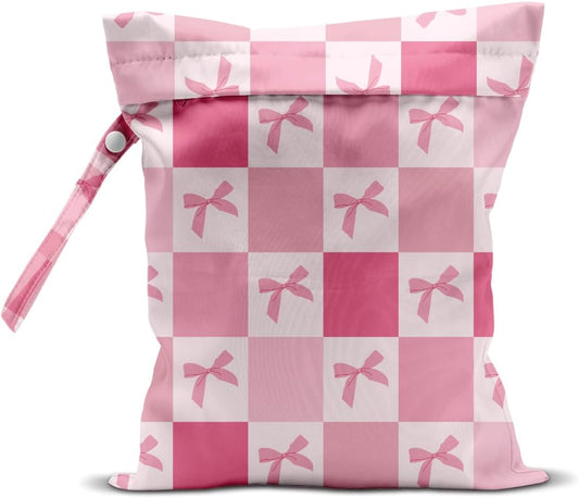 Wet Bag for Swimsuit Pool Travel Baby Cloth Diapers Dirty Yoga Gym Clothes Beach Bags Summer Gifts for Women Men Beach Vacation Essentials Pink Bow Checker Waterproof Wet Dry Bag Travel Laundry Bags