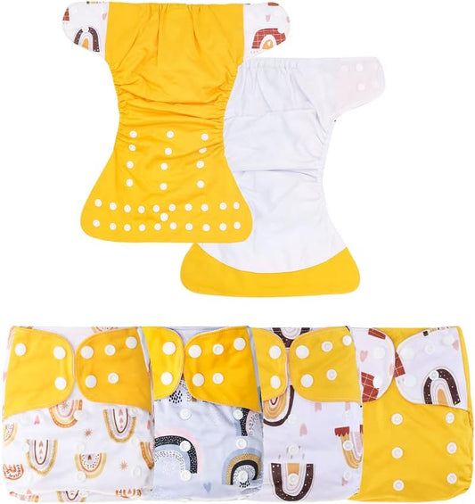 HappyFlute 4 Sets Newborn Baby Cloth Pocket Diapers One Size Adjustable Reusable for Baby Boys and Girls(No Inserts,Yellow)