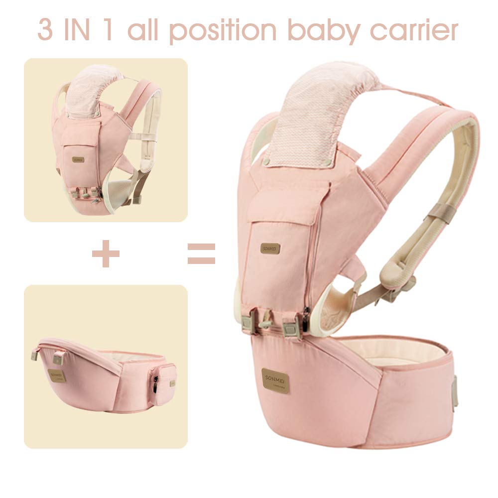 3 in 1 Ergonomic 360° Soft Baby Carrier, Baby Sling Comfortable Adjustable Positions, Fits All Newborn Toddler,HipSeat Infant Carrier, All Seasons,Perfect for Hiking Shopping Travelling (Pink)