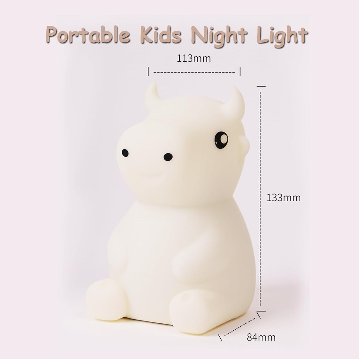 Night Light for Kids, Cute Night Lamp Bedroom Cow Nightlight for Baby Girl Boy Teem, Battery Powered Silicone Animal Night Lamp Christmas Birthday Gifts