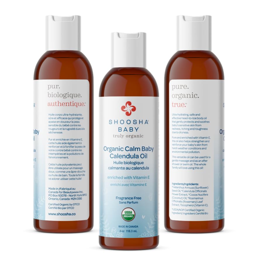 Shoosha Organic Calendula Oil Fragrance Free, for Babies, Real Calendula Oil, Calendula Massage Oil Moisturizer, Hypoallergenic, Gluten-Free, 100% Biodegradable