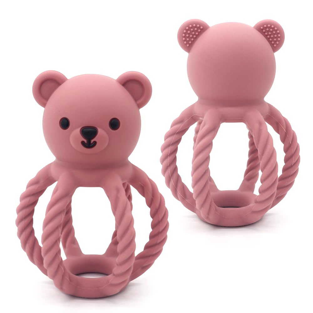 3Pcs Baby Silicone Teether Toy Set - Food-Grade Silicone Teething Relief Toys,Wooden Ring Teether Cute Bear Toy and Toy Straps for Babies 3-12 Months(Pink)