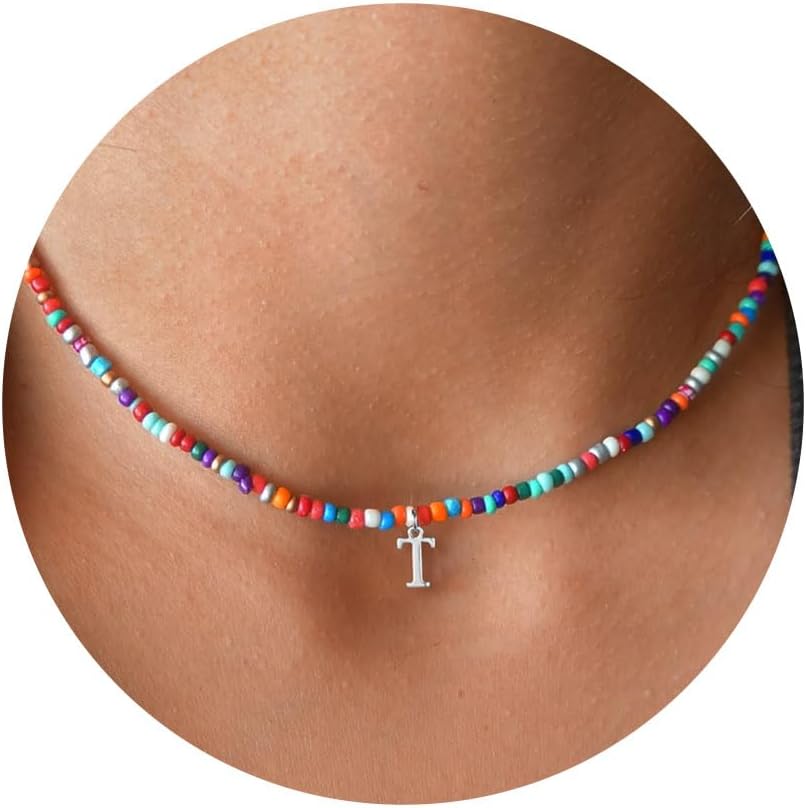Yoosteel Christmas Gifts for Grandkids Teen Girls - Colorful Beaded Initial Necklace for Girls Kids Jewelry A-Z Letter Choker Necklace Birthday Gifts Stocking Stuffers for Teen Girl Women Kids Toddler