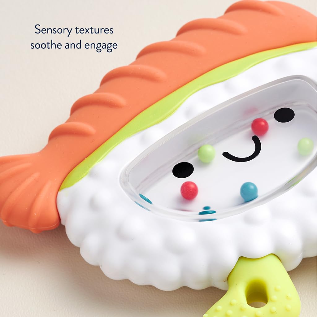 Itzy Ritzy Silicone Rattle Teether– BPA-Free Silicone Teether with Rattle for Babies & Toddlers – Features a Gentle Rattle Sound, Colorful Beads & Multiple Textures (Sushi)