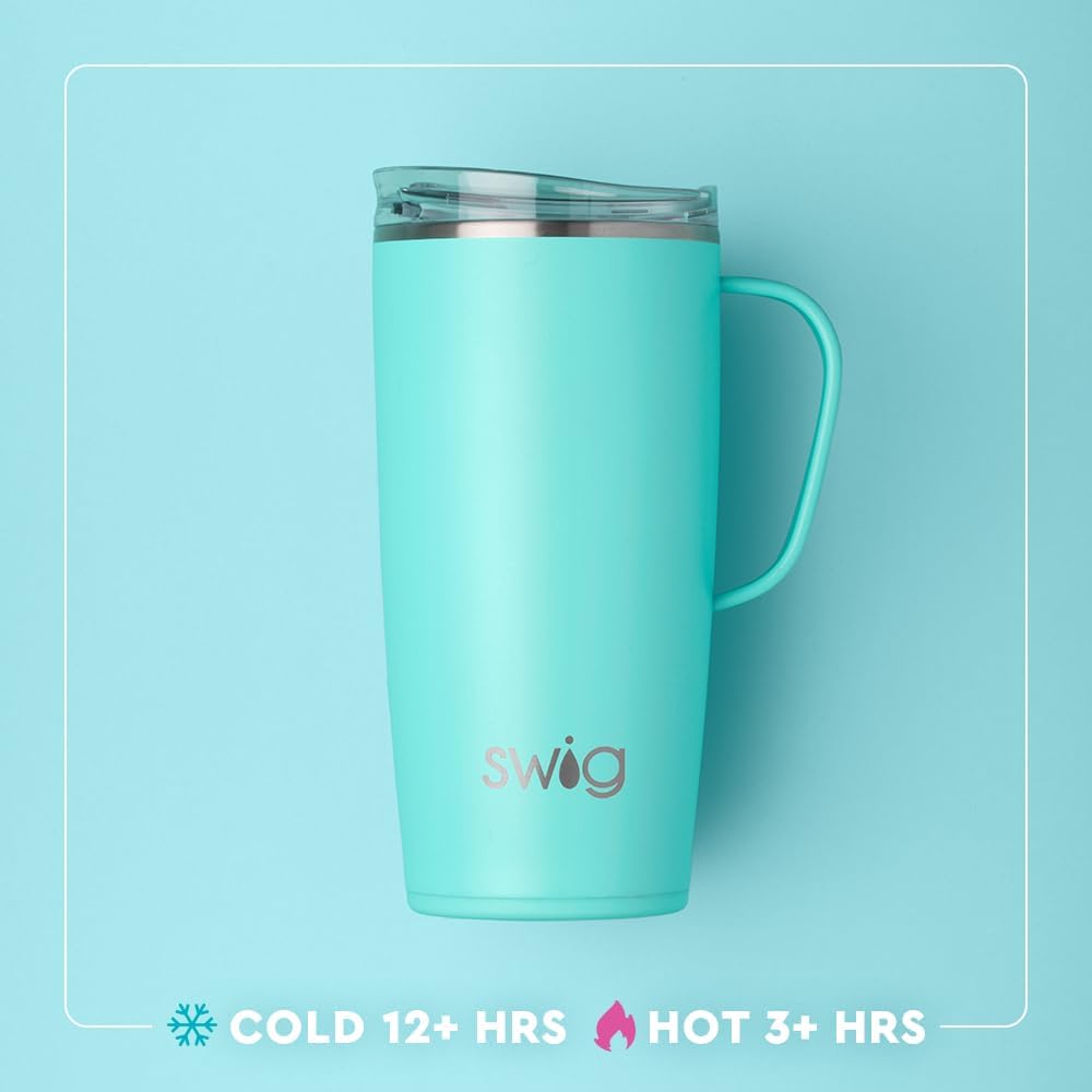 Swig Life 22oz Travel Mug, Insulated Tumbler with Handle and Lid, Travel Coffee Mug, Cup Holder Friendly, Stainless Steel 22 oz Tumbler, Reusable Insulated with Lid (Brite Stripe)