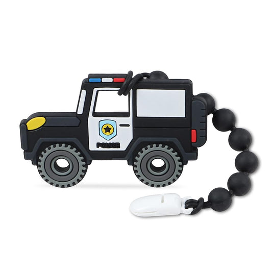 Baby Construction Vehicles Teething Toys,Food Grade Silicone Teether with One-Piece Pacifier Clip Holder,Shower Gift for 3 Months+ Boy and Girl,BPA Free,Freezer Safe. (Police Car)