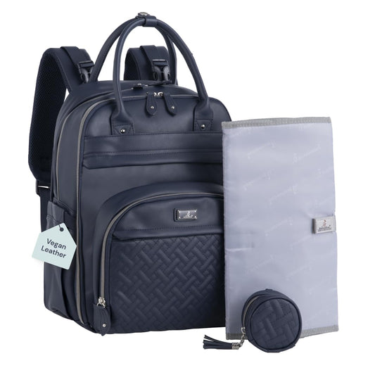 BabbleRoo Leather Diaper Bag Backpack - Baby Essentials Travel Baby Bag, Multi function, with Changing Pad, Stroller Straps & Pacifier Case – Unisex, Midnight Blue
